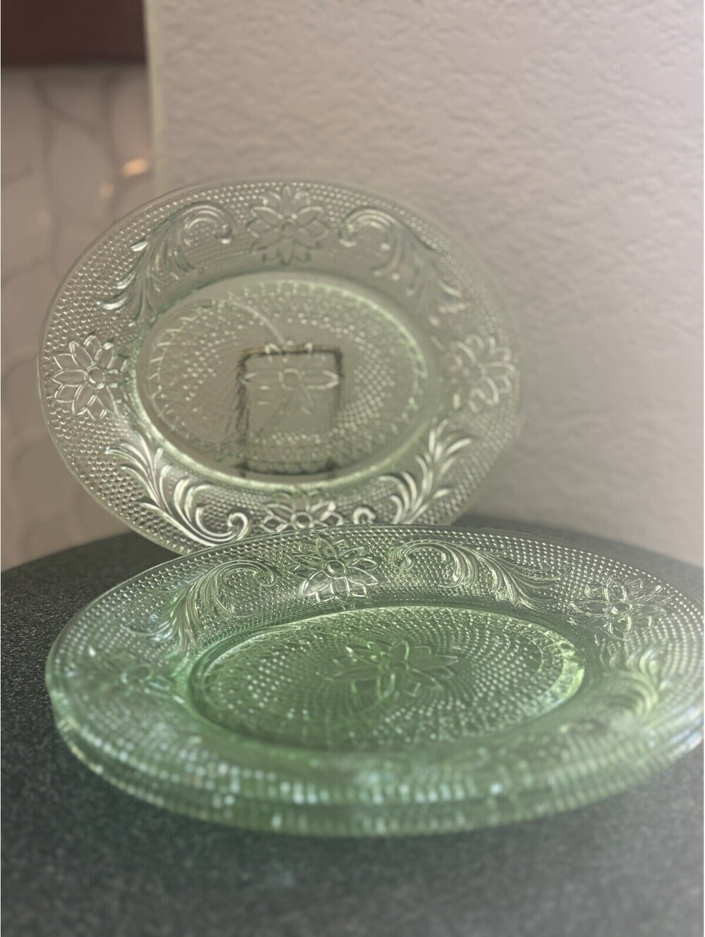 Set of  3 Vintage Tiara Glass Chantilly Green Snack Plates EUC